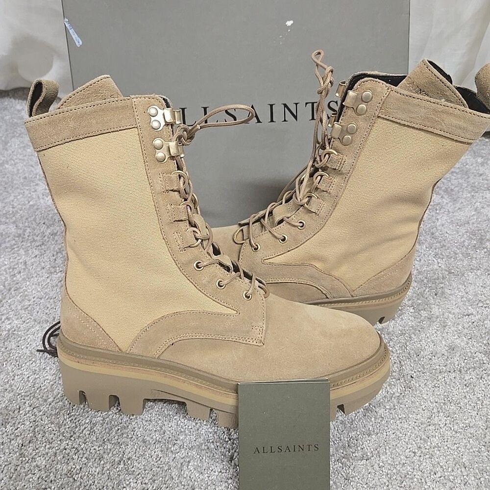 All Saints Beth Canvas Suede Leather Lace/Zip Up Combat Boots Sand Women's Sz 40
